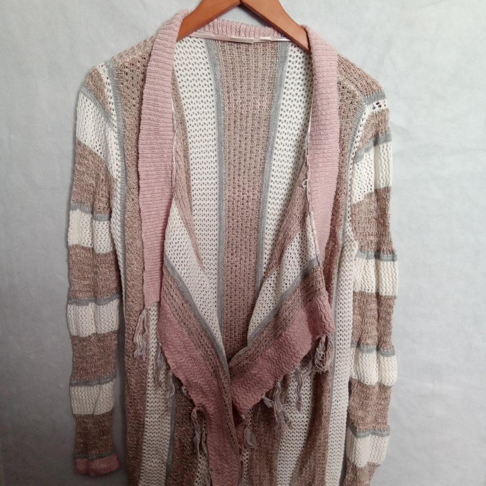 C. Est. 1946 Womens Small Pink Striped Fringe Waterfall Open Front Cardigan